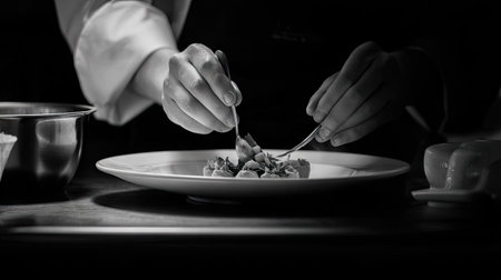 Chef preparing a dish in a restaurant. Black and white photo.の素材