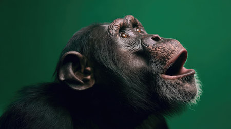 Portrait of a chimpanzee on a green background. Close-up.の素材