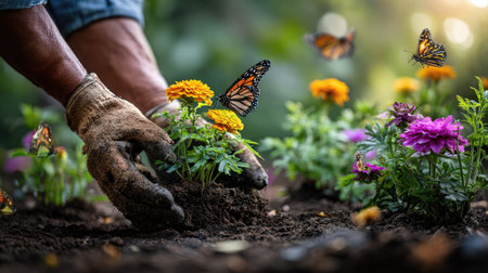 Close up of male hands planting flowers in the garden, selective focusの素材