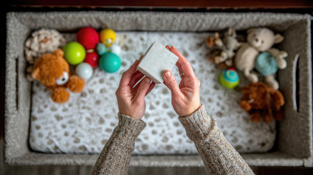 Woman's hands holding a small gift box with a christmas themeの素材