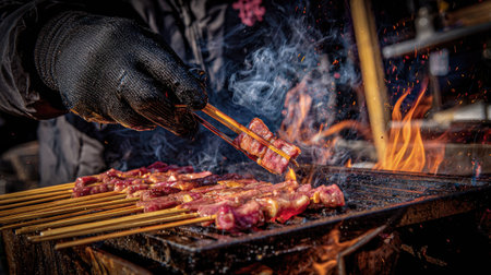 Close up of the hands of a man in black gloves cooking barbecue meat on a fireの素材