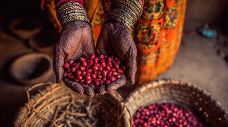 Close up of the hands of an old woman holding red coffee beansの素材