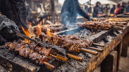 Skewers of meat on a barbecue grill in the open airの素材