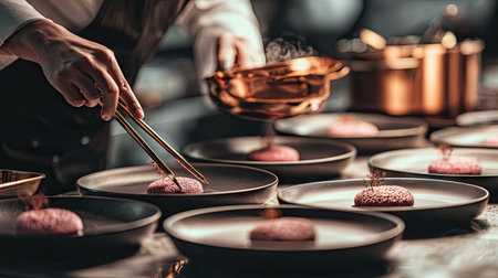 Close-up of female hands holding chopsticks while making sushi rollsの素材