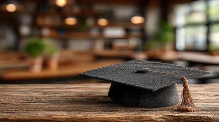 Graduation cap on wooden table in cafe, closeup. Space for textの素材