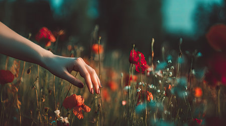 Female hand touching poppy flower in field. Beautiful spring nature background.の素材