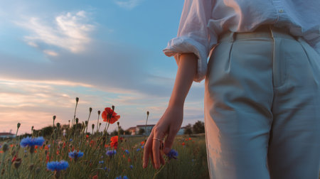 Young woman in white blouse walking in poppy field at sunset.の素材