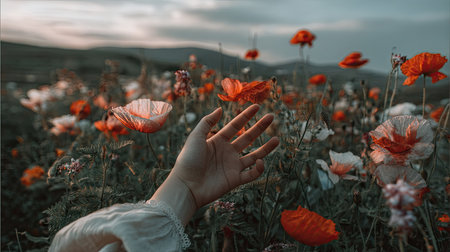 Female hand reaching for poppies in a poppy field during sunsetの素材