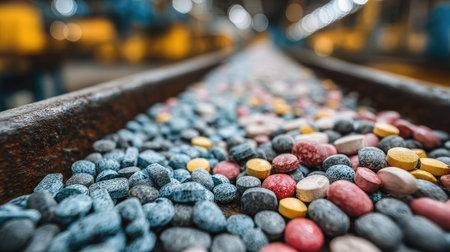 Close up of colorful pills and capsules on railway track, selective focusの素材