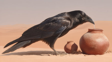 Rook (Corvus corax) drinking water from a jug in the Sahara desert, Moroccoの素材