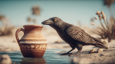 Crow drinking water from a clay vase in the desert.の素材