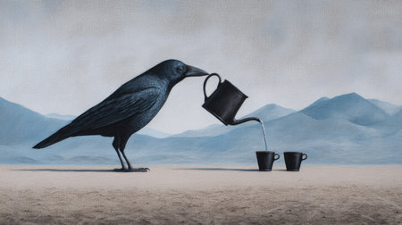 Crow with a watering can and two cups of coffee in the desertの素材