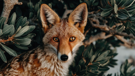 Red fox in the bush. Close-up portrait of a wild animal.の素材