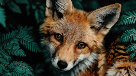 Red fox in the forest. Close-up portrait of a wild animal.の素材