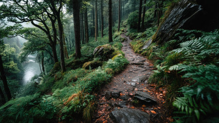 Hiking trail in the misty forest. Beautiful natural landscape.の素材