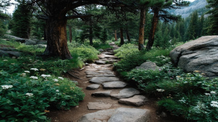 Pathway in the forest in summer, Yosemite National Park, California, USAの素材