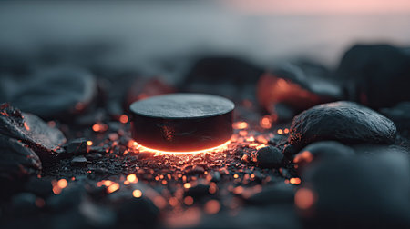 Close-up of burning candle on black stone at sea. Selective focusの素材