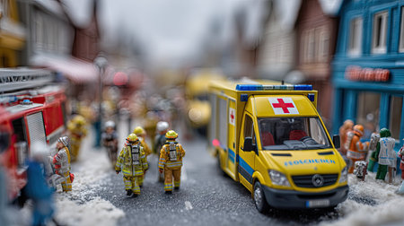 Miniature firemen and ambulance on the street.の素材