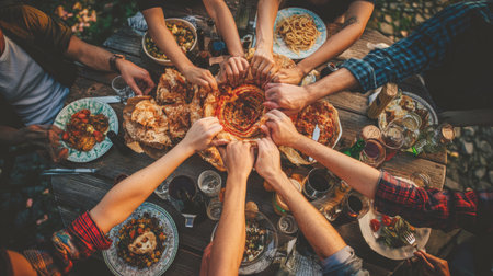 Top view of group of friends having dinner together while sitting at wooden table outdoorsの素材