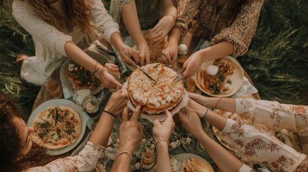 Top view of group of friends sitting at the table and eating pizza.の素材