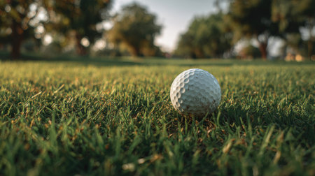 Golf ball on green grass ready to be shot into the holeの素材