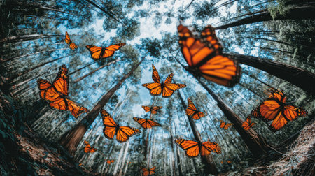Butterflies fly over the trees in the forest. Butterflies fly over the forest.の素材