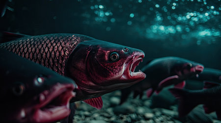 Close up view of the head of a salmon in an aquarium.の素材
