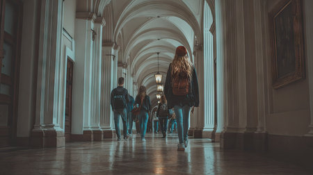 Couple of young people walking together in the hallway of the universityの素材