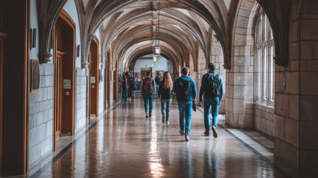 Rear view of a group of people walking in the hall of a universityの素材
