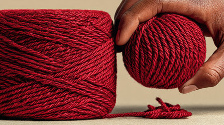 Hand holding a skein of red yarn, close-up.の素材