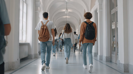 Back view of group of students walking in university corridor. Back view of young people walking in university corridor.の素材