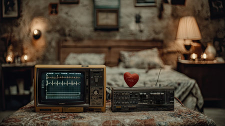 Abandoned old broken vintage radio with broken heart in the roomの素材