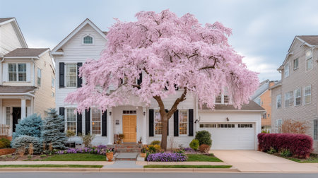 Large blooming sakura tree in front of a house in the suburbsの素材