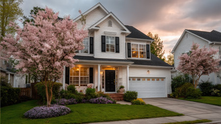 A view of a home with cherry blossoms in full bloom.の素材
