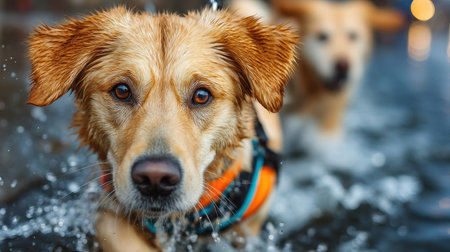 Golden retriever dog swimming in the water with bokeh backgroundの素材
