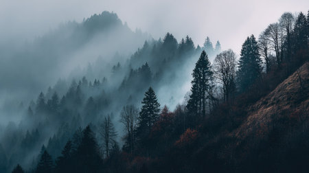 Foggy morning in the Carpathian mountains, Ukraine.の素材