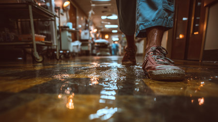 Wet shoes on the floor of a hospital corridor. Selective focus.の素材