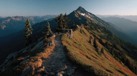 Hiking trail in the mountains at sunrise. Panoramic viewの素材