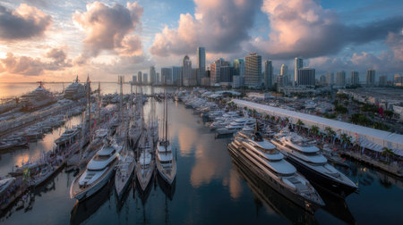 Aerial view of the marina at sunset, Miami, Florida.の素材