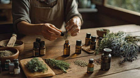 Female hands holding a glass jar with essential oil and herbs on a wooden tableの素材