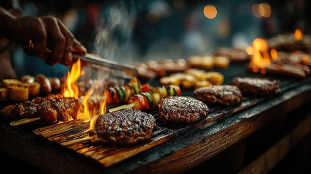 Barbeque with grilled meat and vegetables, close-up.の素材