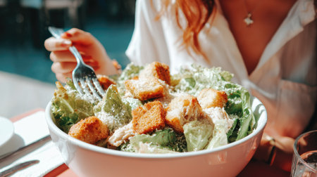 Close-up of fresh salad with croutons in a white bowlの素材