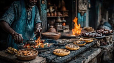Indian man making food in the traditional way at a market in Indiaの素材