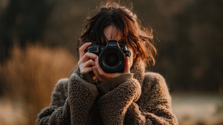 Young woman taking photos with a vintage camera in the autumn forest.の素材