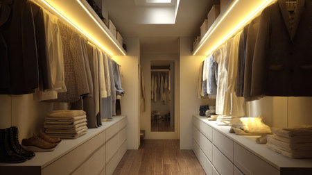 closet with clothes and accessories in modern dressing room. 3d renderingの素材