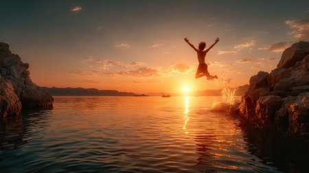 Silhouette of woman jumping from cliff into the water at sunsetの素材
