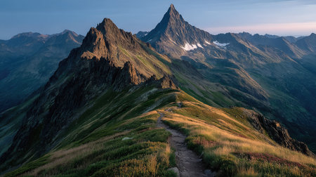 Panoramic view of the mountains at sunset, Caucasus, Russiaの素材