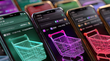 Mobile phone with shopping cart on the screen. Online shopping concept.の素材