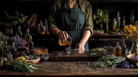 Close-up of a female bartender pouring herbal tea into a bowlの素材
