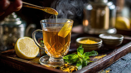 Tea in a cup on an old background in a composition with accessoriesの素材